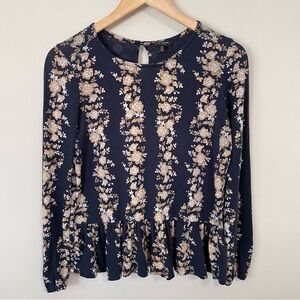 Lucky Brand Women’s S Long Sleeve Ruffle Hem Top Blue Golden Floral Boho Shirt